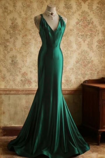 Niulatu V-neck Mermaid Green Long Prom Dresses Satin Green Long Formal Dresses Sleeveless Wedding Guest Dresses HZ1026